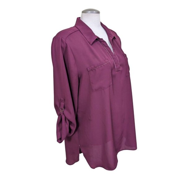 MARIE CLAIRE BOUTIQUES Sheer V Neck Blouse Tunic Womens XL Burgundy Red Roll Tab - Picture 3 of 7